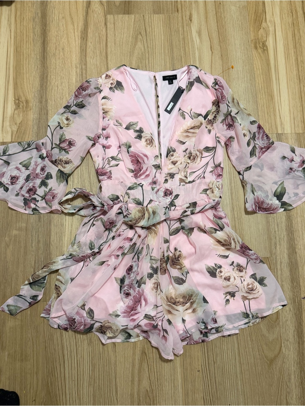 Miss Avenue Pink Floral V-Neck Romper with Waist Tie - Picture 6 of 6